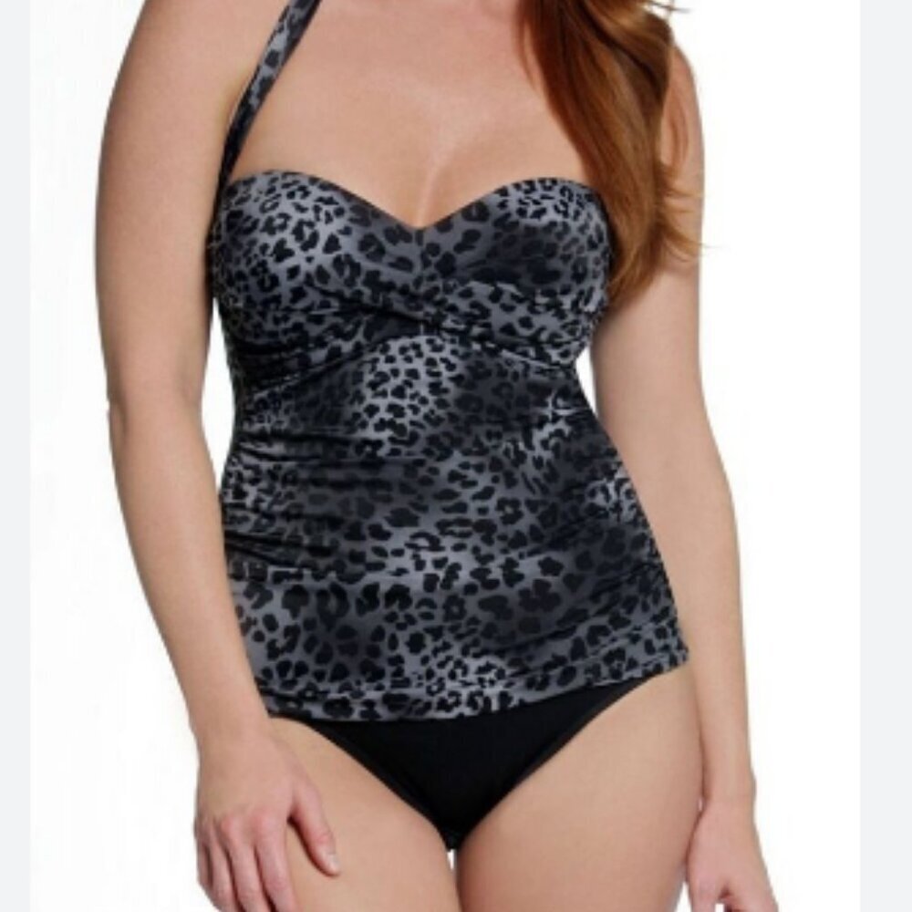 NWT Miraclesuit Kitty Galore Barcelona Halter Tie Black/Gray Tankini Top Size 16